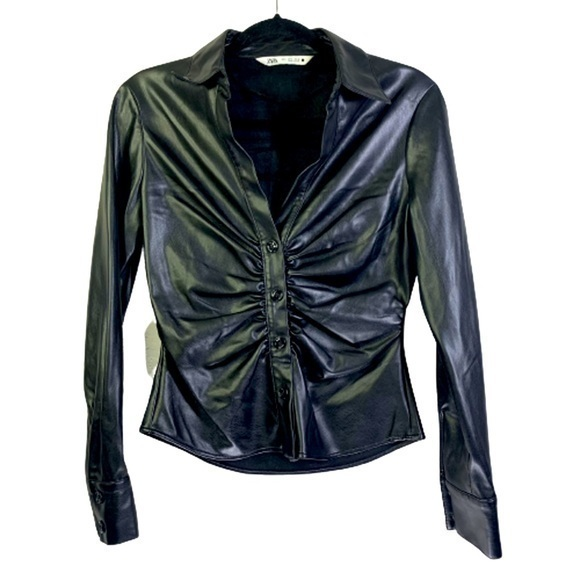 Zara Tops - ZARA‎ Black Vegan Leather Ruched Button Down Shirt
